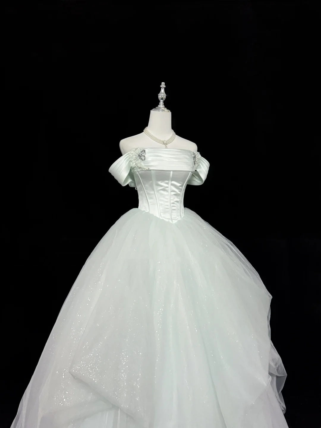 Prom Dress Long Floor Length Ball Gown Off Shoulder Tulle Sage Green With Sleeves Formal Evening Gown For Women RC0305