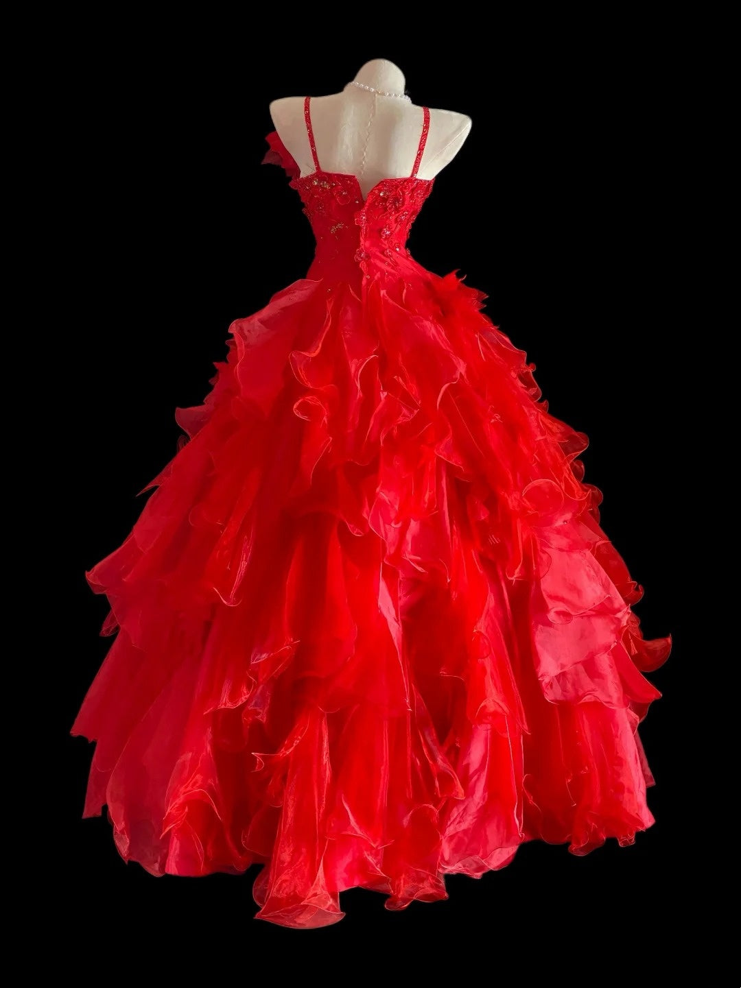 Princess Ball Gown Spaghetti Straps Red Long Lace Sweet 16 Dresses Seventeen Quince Dress RB4015