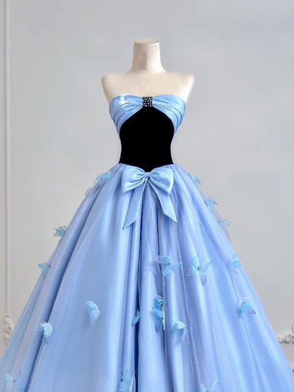 Timeless Ball Gown Strapless Blue Satin With Bow-knot Long Prom Dresses Inspiration Party Gowns N308