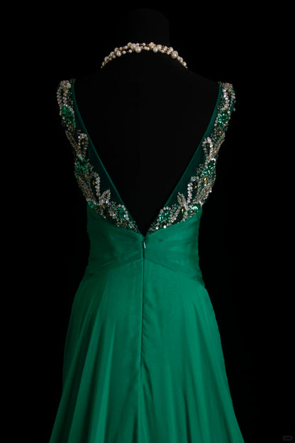 Vintage Prom Dresses 80s A Line Scoop Dark Green Chiffon Long With Silver Beading Evening Formal Outfits RB5132