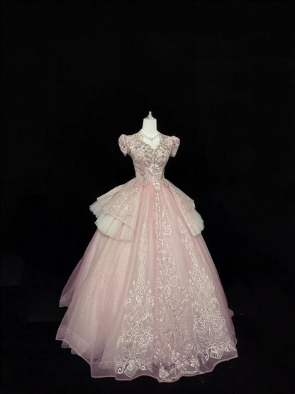 Sweet 16 Dresses Long Ball Gown V Neckline Pink With Lace Appliques Sweet Sixteen Birthday Gown RC0316