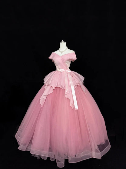 Tulle Prom Dress Long Floor Length Ball Gown Off Shoulder Pink With Sleeves Formal Evening Gown For Women RC0278