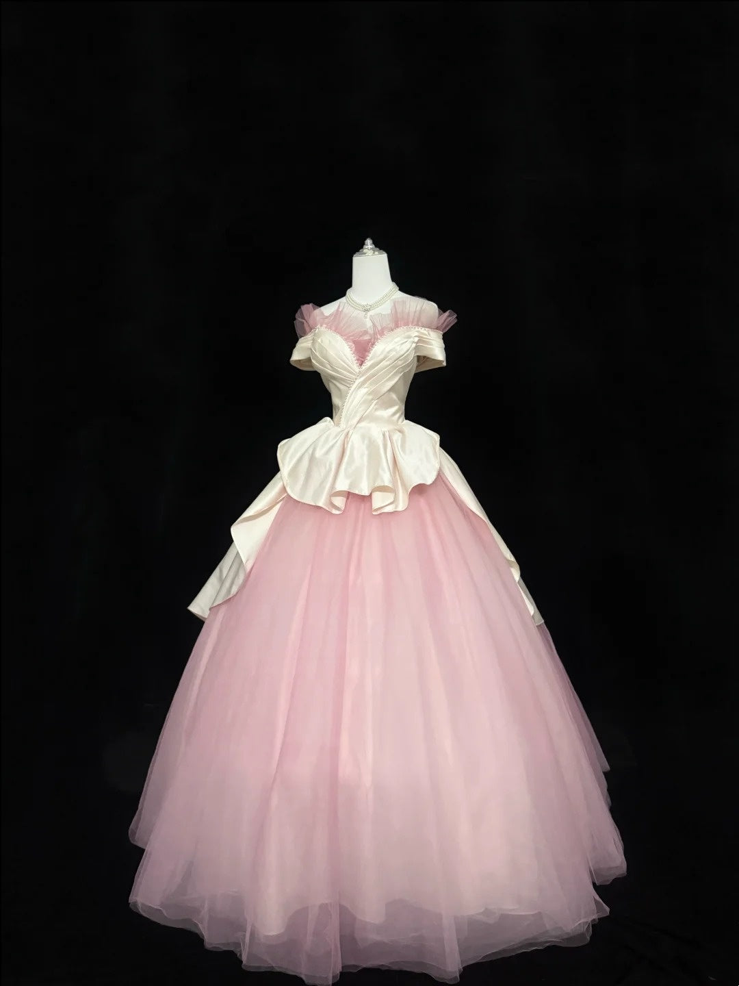 Sweet 16 Dresses Long Ball Gown Off Shoulder With Sleeves Pink Tulle Sweet Sixteen Birthday Gown RC0341