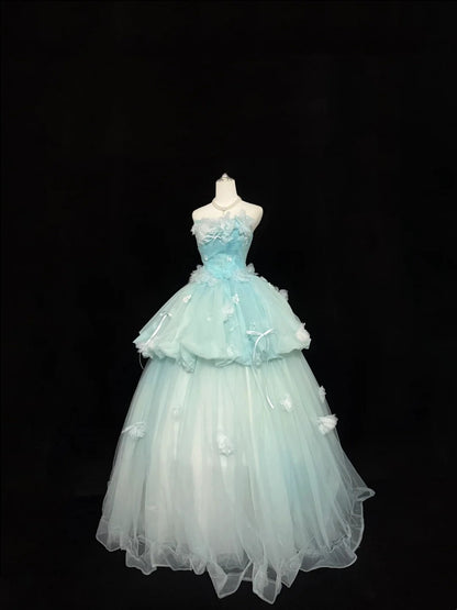 Sweet 16 Dresses Long Ball Gown Sweet Sixteen Long Birthday Dress Strapless Blue Tulle Formal Gown RC0321