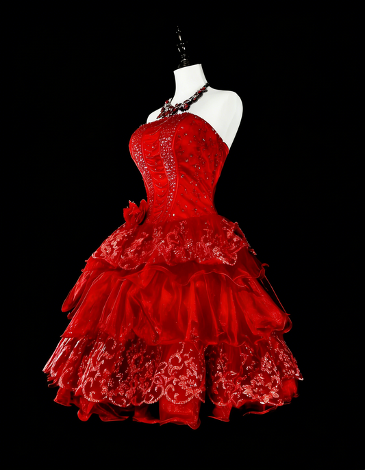 Unique Ball Gown Strapless Lace Red Inspo Vintage Fashion 2000s Hoco Gowns Short Inspo Homecoming Dresses N2012