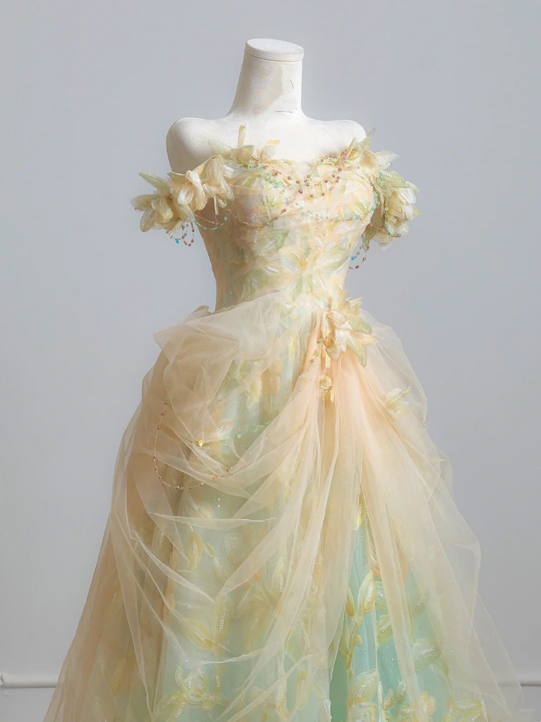 Fairytale Ball Gown Off The Shoulder Green Floral Tulle Long Formal Evening Dress Formal Birthday Gowns Prom Dresses N729