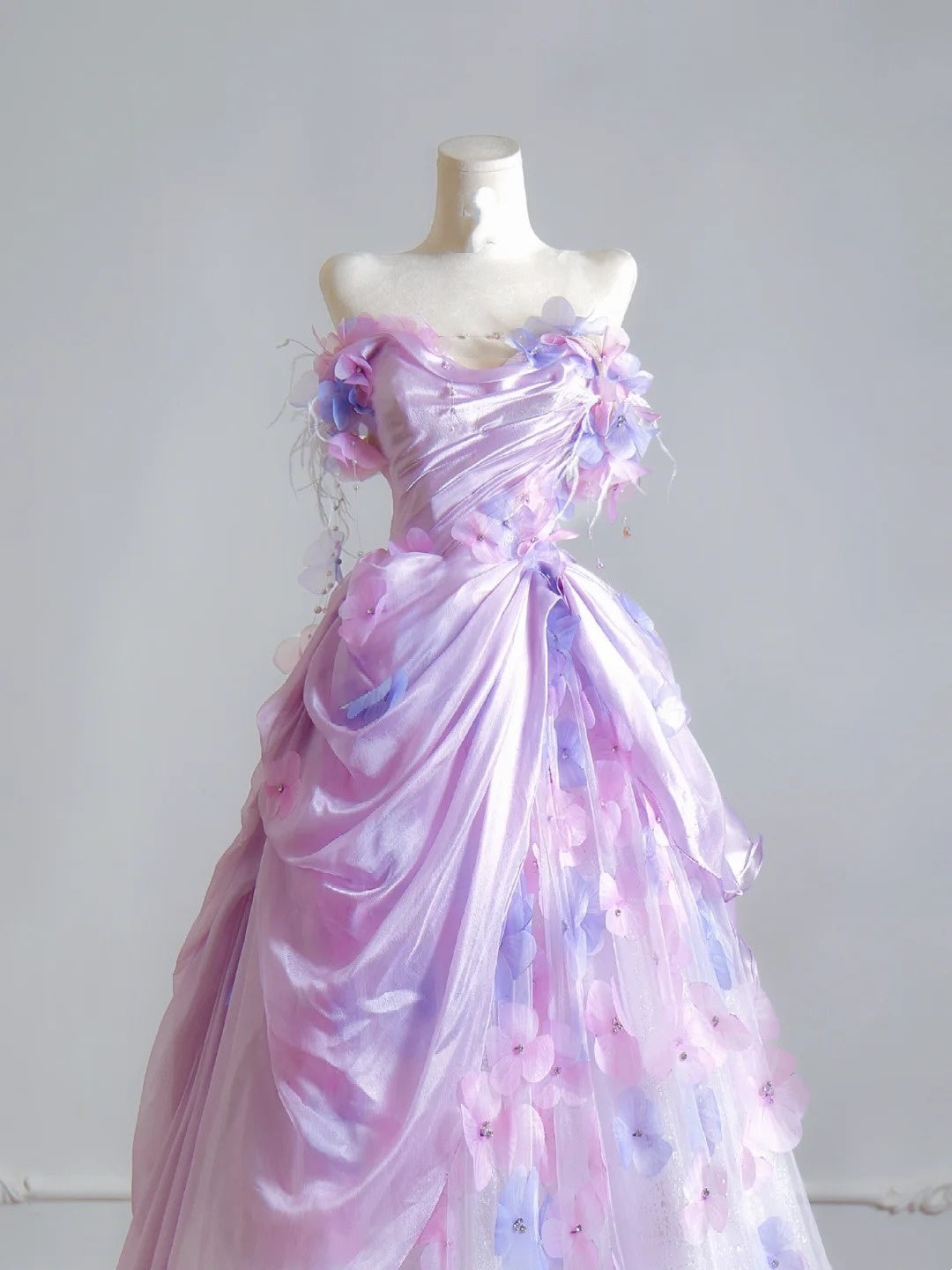 Timeless Ball Gown Strapless Lilac Floral Tulle Long Prom Dresses Inspiration Party Gowns N399