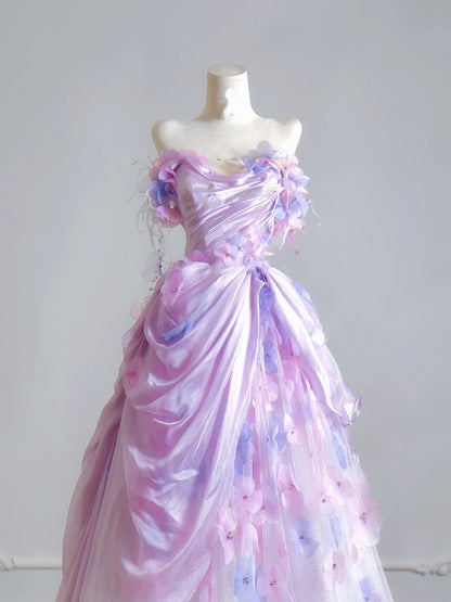 Timeless Ball Gown Strapless Lilac Floral Tulle Long Prom Dresses Inspiration Party Gowns N399