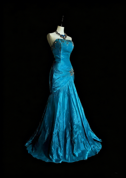 Vintage Mermaid Strapless Blue 2000s With Gold Beads Prom Dresses Long Formal Party Gown N1358
