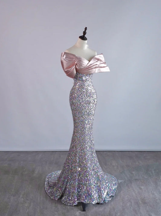 Sparkly Mermaid Off The Shoulder Silver Sequin Short Sleeves Long Prom Dresses Formal Gowns Evening Dress N685