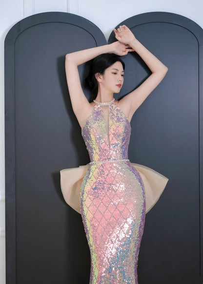 Modest Mermaid Halter Sequin Long Prom Dresses High School Teens Senior Graduation Dance Party Outfits AB2525