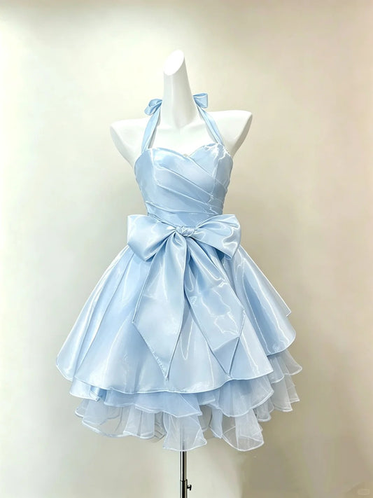 Beautiful Ball Gown Halter Blue With Bow Mini Graduation Dresses Short Inspo Senior Homecoming Outfits RB4709