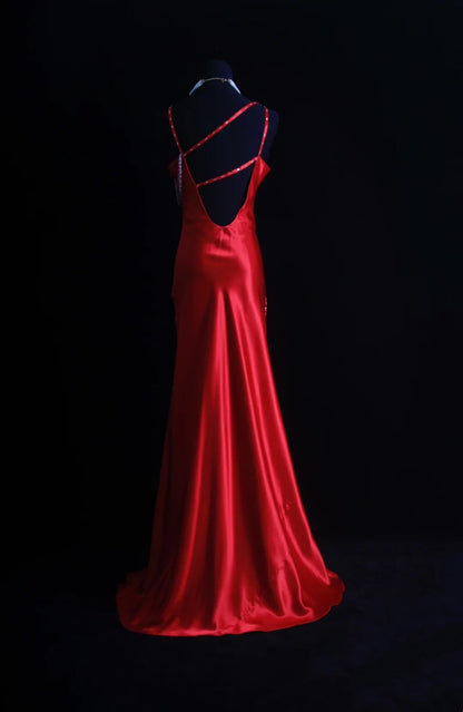 Retro Mermaid Spaghetti Strap Red Satin 90s Beaded Bodice Long Prom Dresses Inspo 18th Birthday Outfits Formal Dress N491