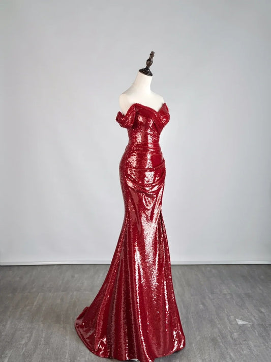 Gorgeous Burgundy Off The shoulder Mermaid Sequin With Short Sleeves Formal Evening Dress Gowns Prom Dresses N691