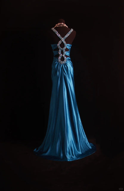 Retro Mermaid Halter Teal Blue Satin 2000s Long Prom Dresses Inspo 18th Birthday Outfits Formal Dress N498