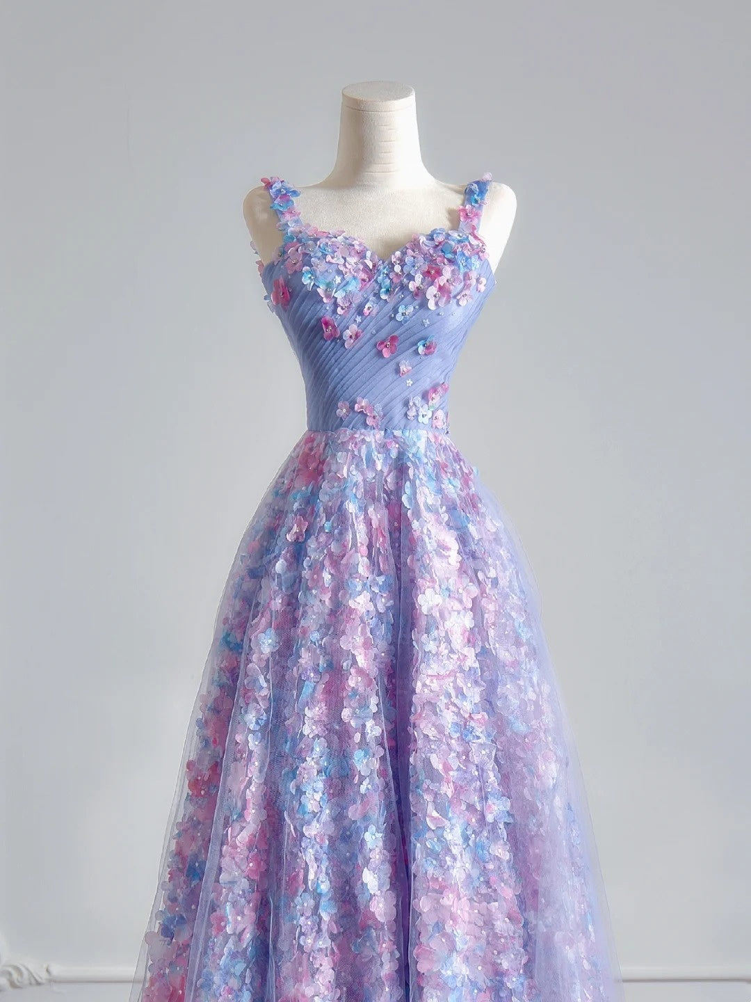 Princess A line Spaghetti Straps Lilac Tulle Floral Prom Dresses Long Evening Formal Gown With Scarf Party Gowns N347