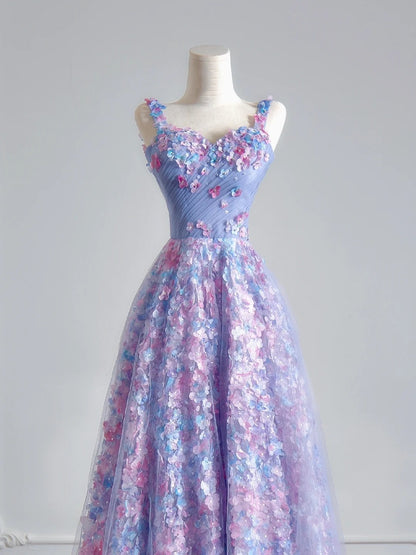 Princess A line Spaghetti Straps Lilac Tulle Floral Prom Dresses Long Evening Formal Gown With Scarf Party Gowns N347