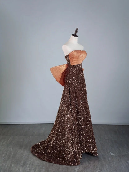 Cute A Line Strapless Brown Sequins Senior Prom Dresses High School Long Formal Dress N1279