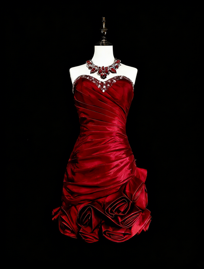 Cute Sheath Strapless Burgundy Satin Short Mini Homecoming Dresses N2380