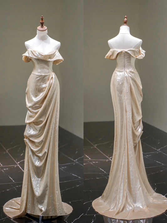 Modest Mermaid Off The Shoulder Champagne Sequined With Sleeves Long Prom Dress For Women Girls Evening Dresses N672