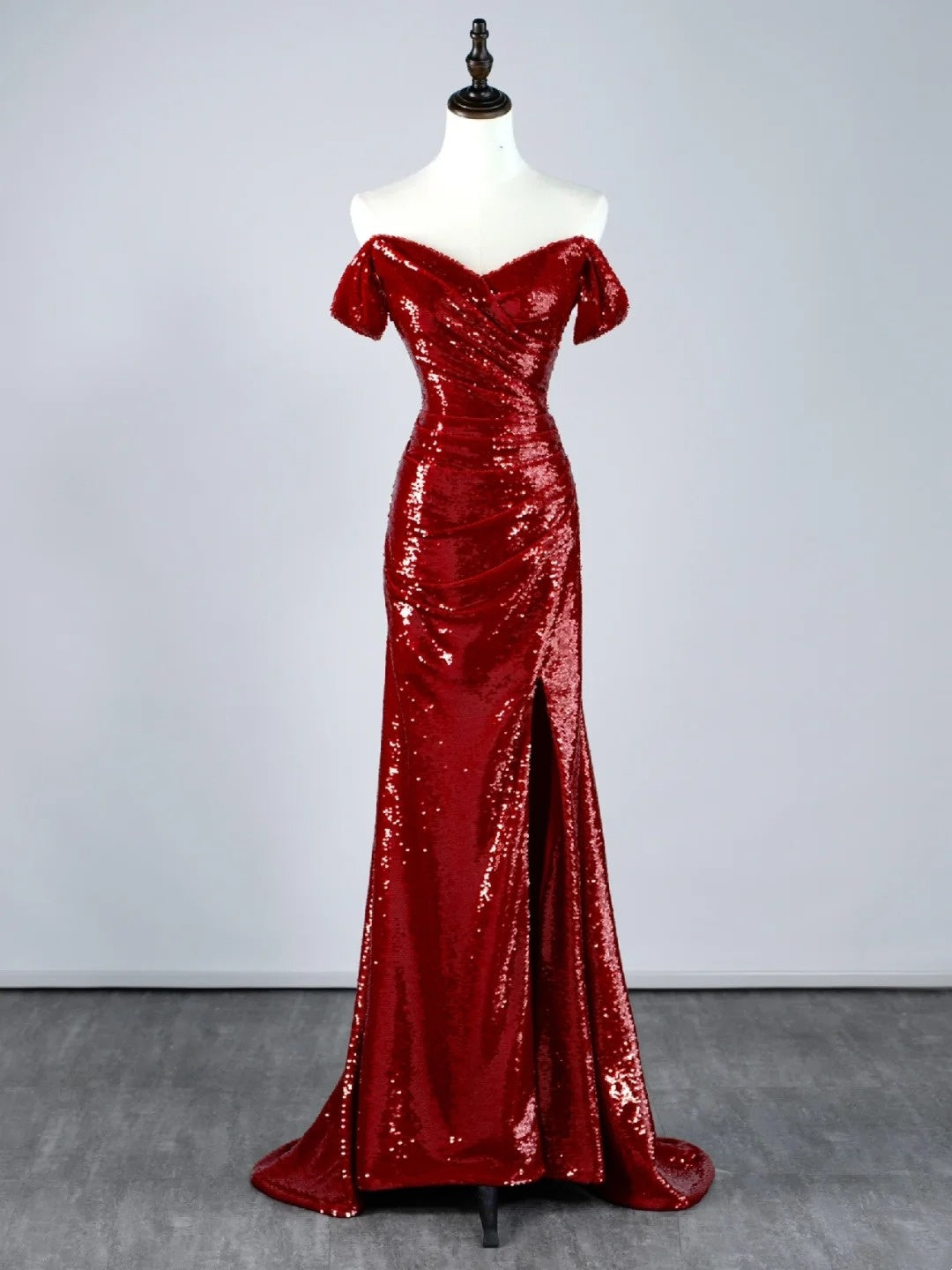 Modest Mermaid Off The Shoulder Wine Red Sequin With Ruffles Slit Long Prom Dresses Night Formal Dresses N598
