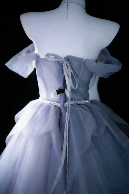 Modest Prom Dresses Ball Gown Off The Shoulder Dusty Blue Tulle With Sleeves Long Quince Dress N2970