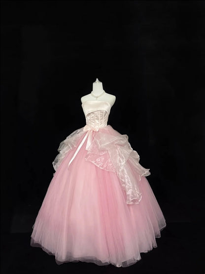 Sweet 16 Dresses Long Ball Gown Sweet Sixteen Long Birthday Dress Strapless Pink Tulle Formal Gown RC0324
