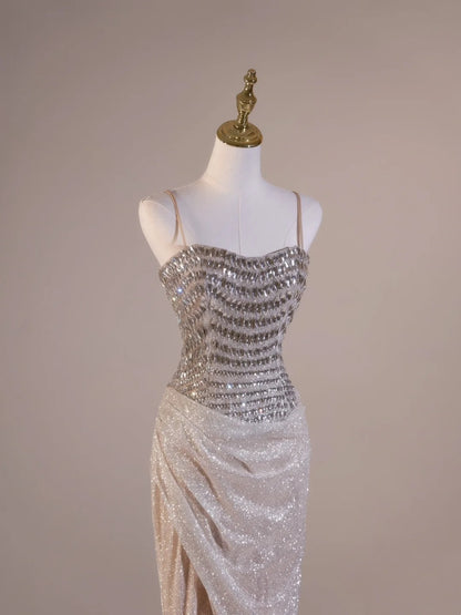 Sexy Mermaid Spaghetti Straps Champagne With Beadings Slit Wrap Long Prom Dresses Impress 19th Birthday Outfits Prom Gown N238