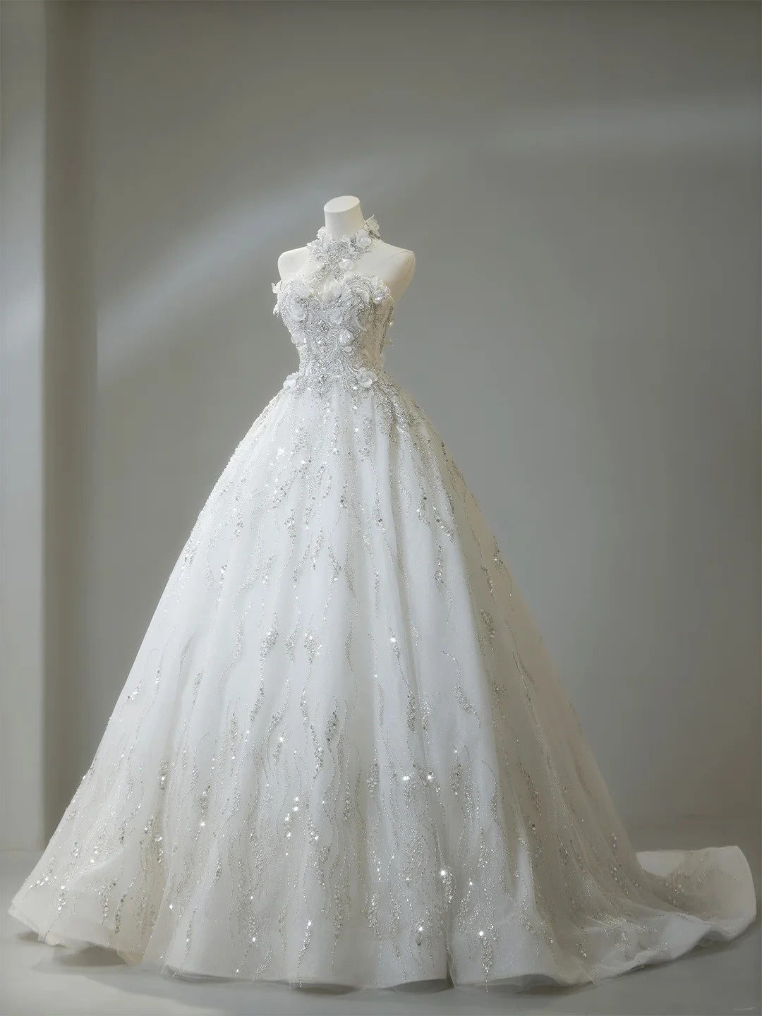 Classic Ball Gown High Neck Wedding Dresses Crystal Beading Sequin White Brides Dress Summer Bridal Gowns N276