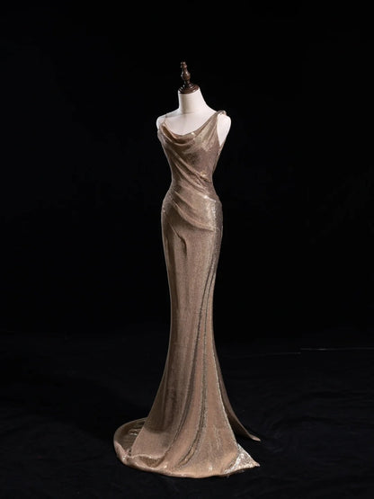 Glitter Mermaid Asymmetrical Neck Sequin Long Prom Dresses Champagne Formal Gowns Inspo Evening Outfit N228