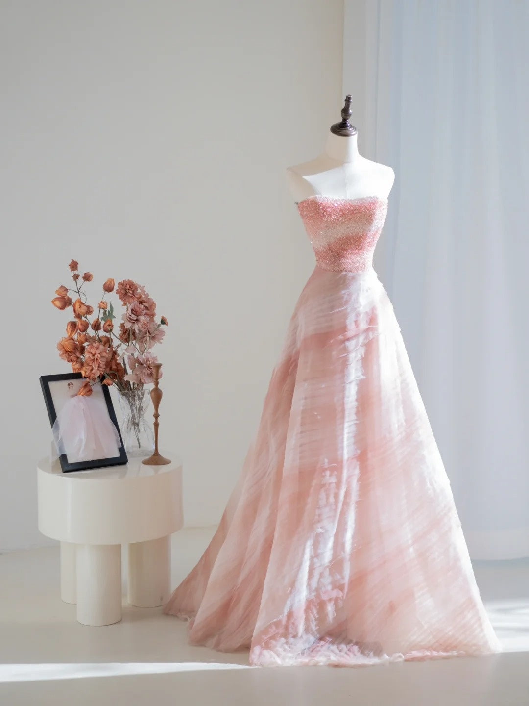 Classy Ball Gown Strapless Pink Tulle Crystals Beading Prom Dresses Long Party Dress 18th Birthday Outfit Graduation Dress N233