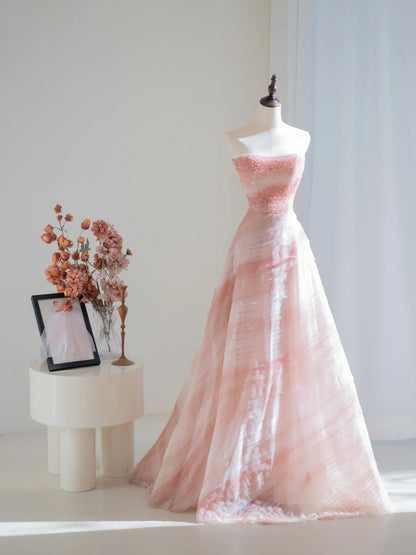 Classy Ball Gown Strapless Pink Tulle Crystals Beading Prom Dresses Long Party Dress 18th Birthday Outfit Graduation Dress N233