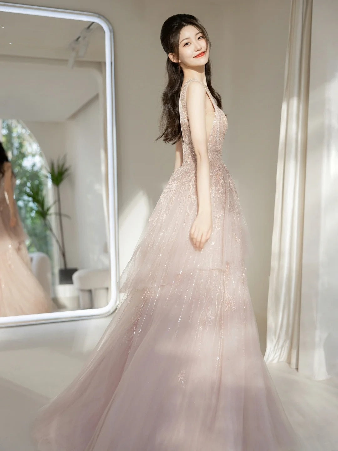 Cute Ball Gown Deep V Neck Pink Sequin Long Prom Dresses Impress 19th Birthday Outfits Prom Gown N236