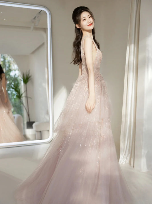Cute Ball Gown Deep V Neck Pink Sequin Long Prom Dresses Impress 19th Birthday Outfits Prom Gown N236