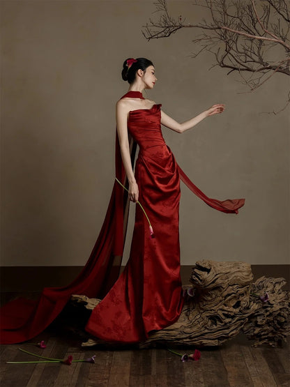 Simple Mermaid Sweetheart With Scarf Burgundy Satin Long Prom Dresses Formal Gowns Inspo Evening Outfit N230