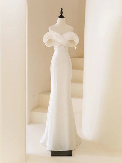 Classic Mermaid Wedding Dresses Off The Shoulder Satin White With Short Sleeves Brides Dress Long Bridal Gowns N234