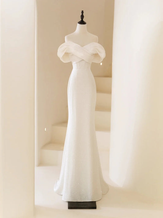 Classic Mermaid Wedding Dresses Off The Shoulder Satin White With Short Sleeves Brides Dress Long Bridal Gowns N234
