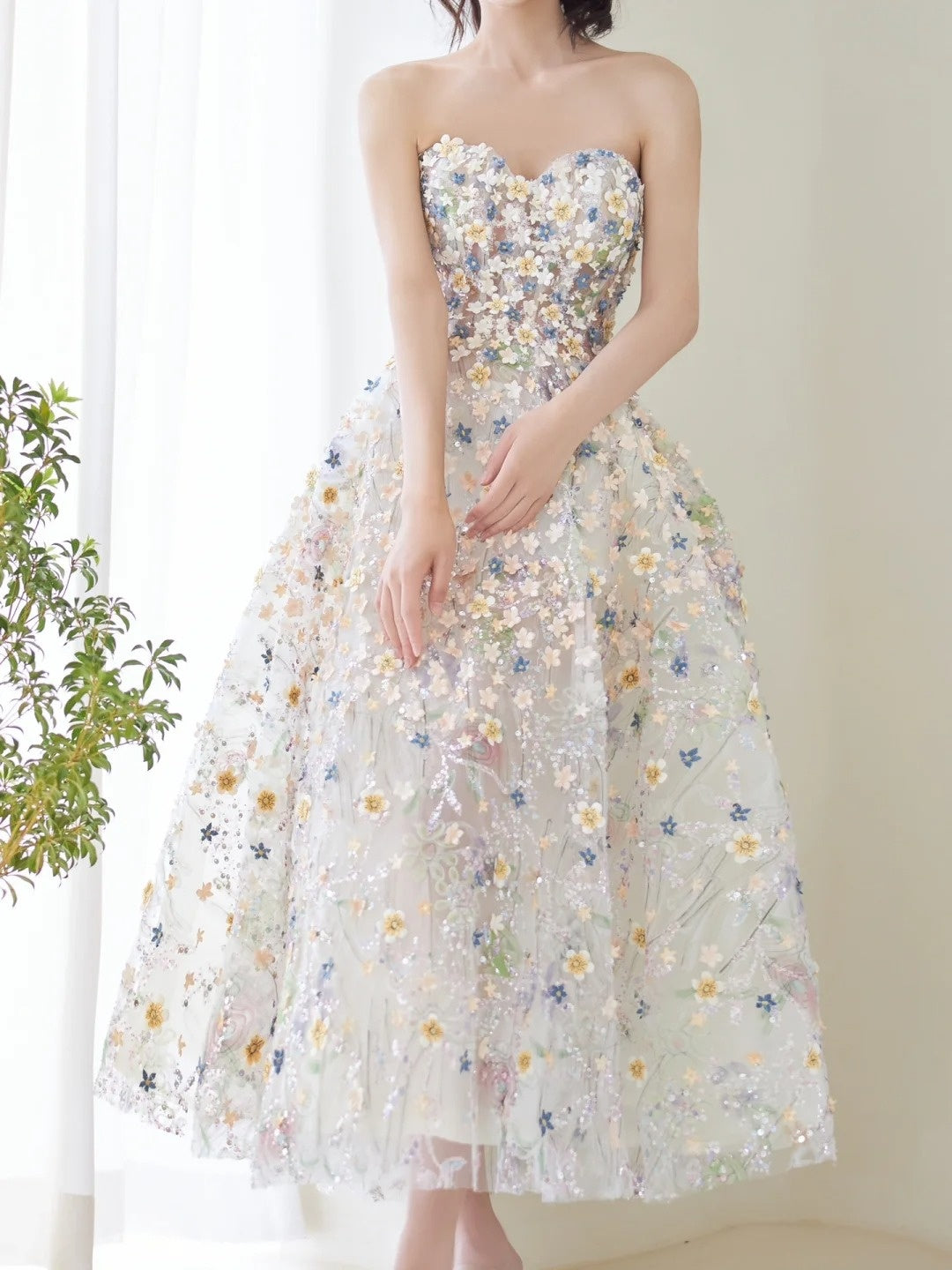 Cute Ball Gown Sweetheart Floral Tulle Tea Length Prom Dresses Formal Gowns Inspo Evening Outfit N303