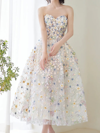 Cute Ball Gown Sweetheart Floral Tulle Tea Length Prom Dresses Formal Gowns Inspo Evening Outfit N303