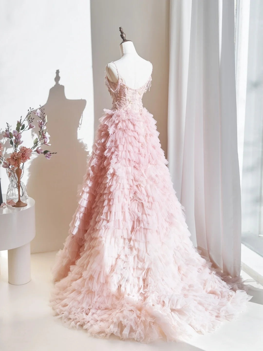 Cute Ball Gown Spaghetti Strap Blush Pink Tulle Long Prom Dresses Inspiration Evening Gowns Formal Party Prom Dress N235