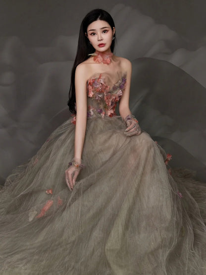 Charming Ball Gown Strapless Tulle Long Evening Prom Dresses Floor Length Evening Formal Dress N275