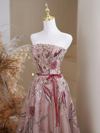 Cute Ball Gown Strapless Floral Tulle Lace Long Prom Dresses Impress 19th Birthday Outfits Prom Gown N237