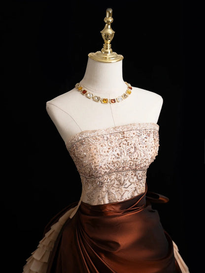 Modest Ball Gown Strapless Champagne Beaded Top Brown Skirt Long Evening Prom Dresses Long Evening Formal Dress N272