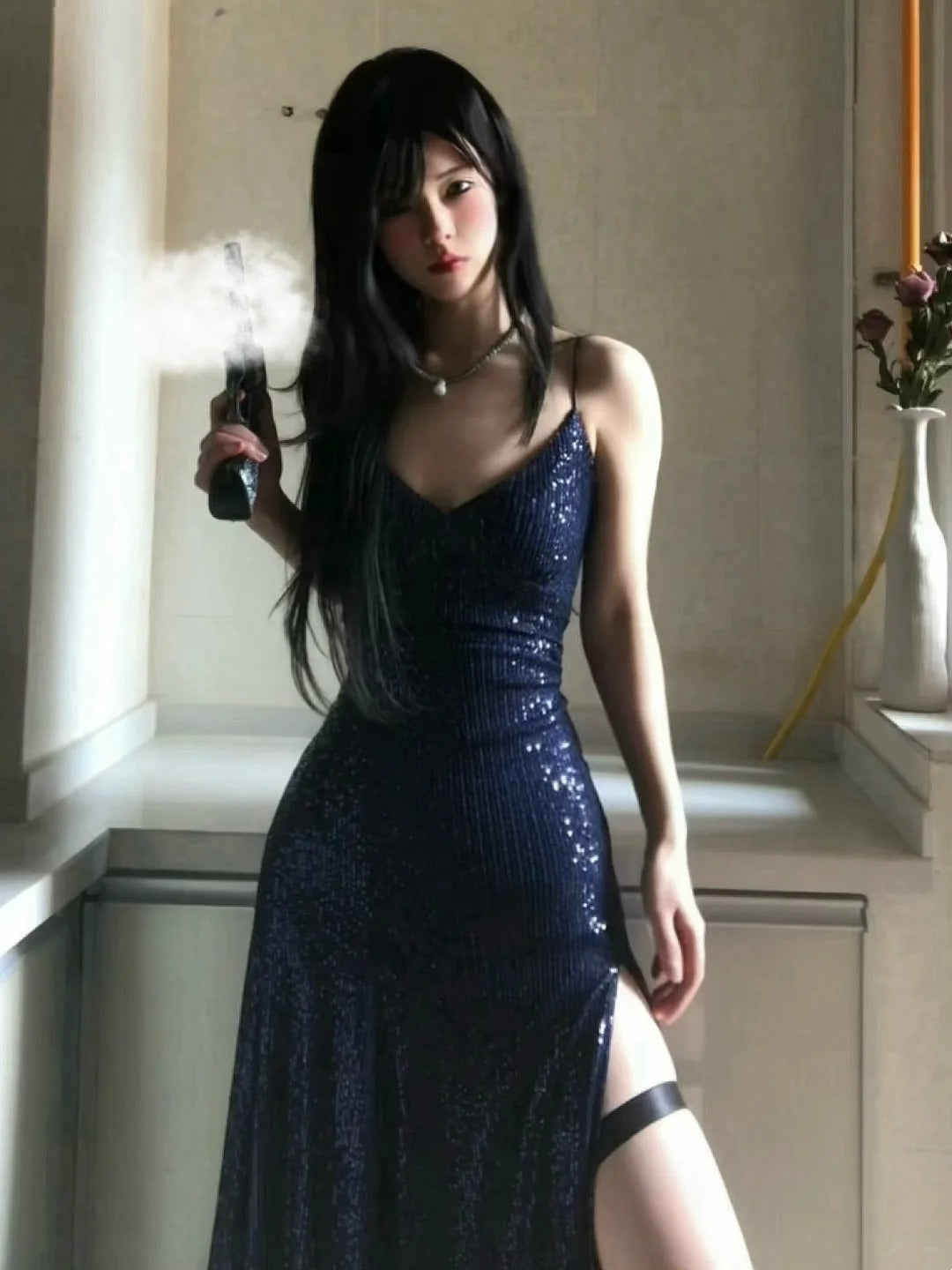 Sexy Navy Blue V-neck Lace-Up Mermaid Long Prom Dress with Slit Formal Dress AB1826