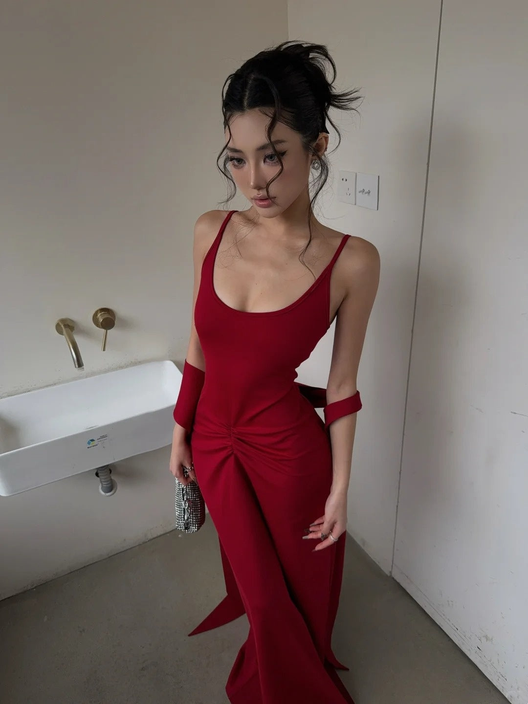 Unique Mermaid Spaghetti Strap Bright Red With Scarf Long Prom Dresses Inspiration Birthday Gowns Formal Evening Dress N464