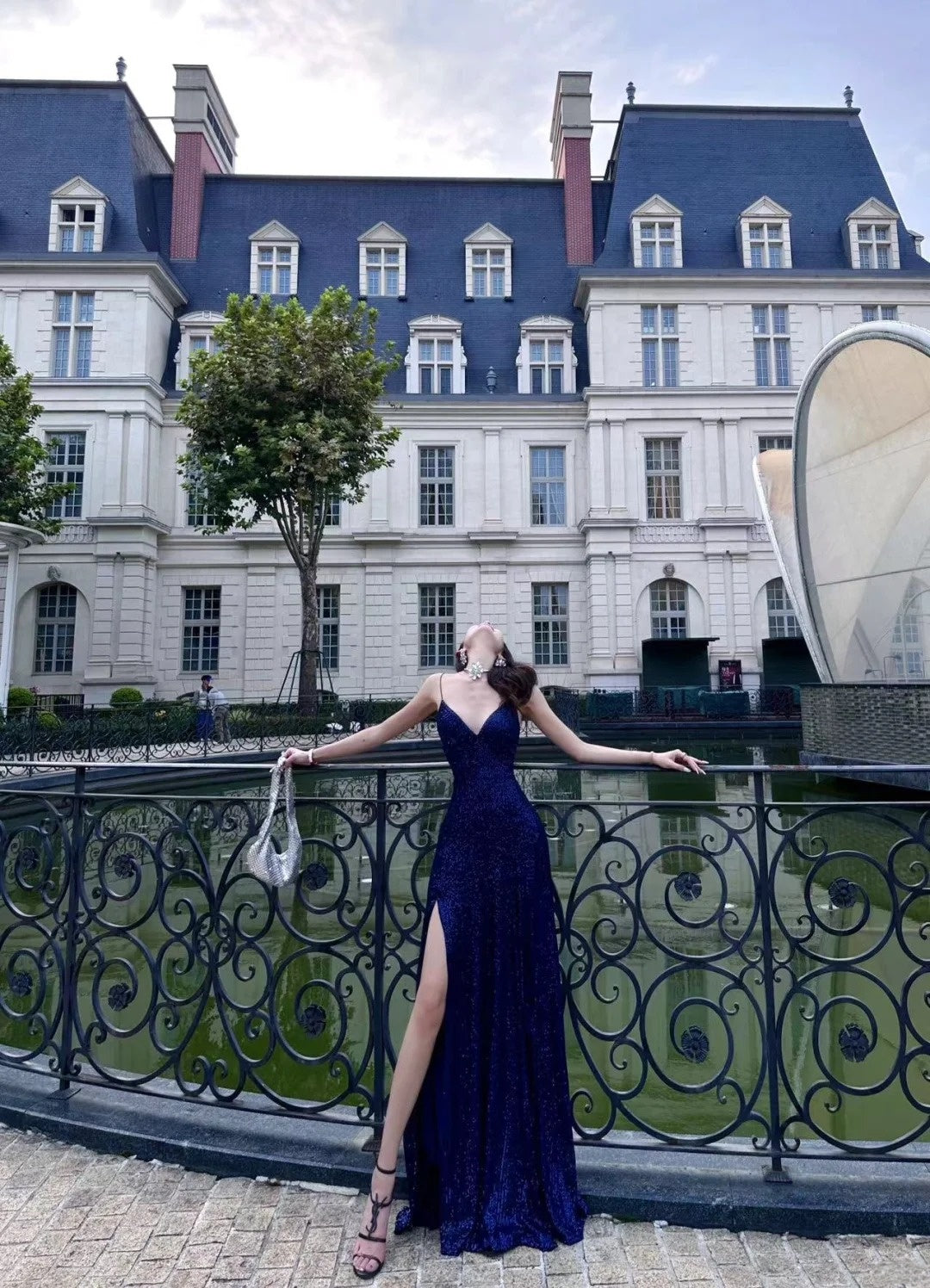 Sexy Navy Blue V-neck Lace-Up Mermaid Long Prom Dress with Slit AB640