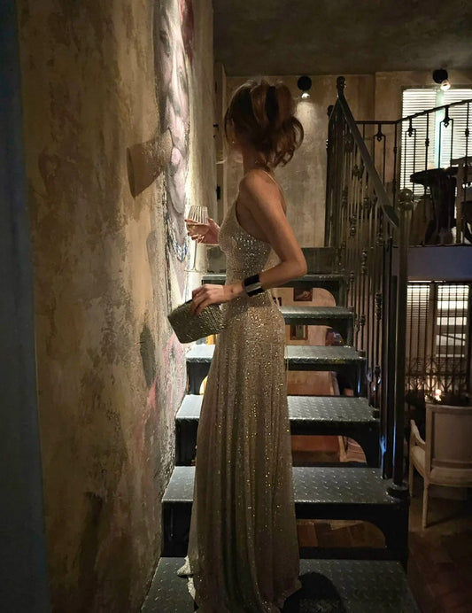 Sparkling Mermaid Spaghetti Strap Champagne Sequined Prom Dress Long Birthday Party Gown Formal Evening Dresses N476