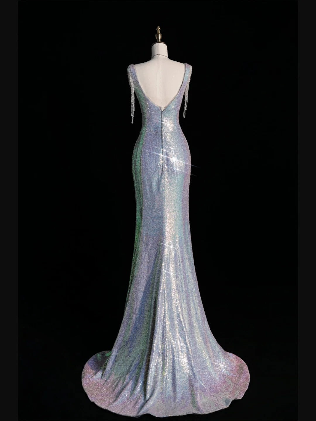 New Mermaid Square Neck Sequins Silver Long Prom Dresses For High School Teens Girls Formal Bridesmaid Dress N1074