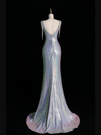 New Mermaid Square Neck Sequins Silver Long Prom Dresses For High School Teens Girls Formal Bridesmaid Dress N1074