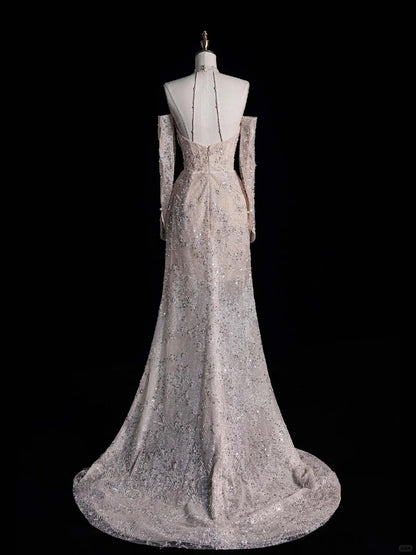 Modern Minimalist Mermaid High Neck Sequin With Long Sleeves Brides Gown Bridal Dress Wedding Dresses Style RB6560